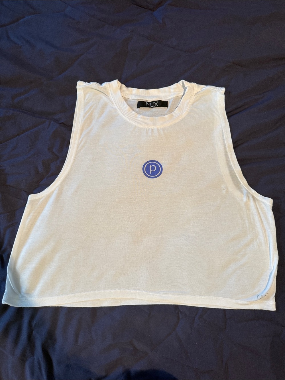 NUX x pure barre White Cropped Muscle Tank with cornflower blue Logo